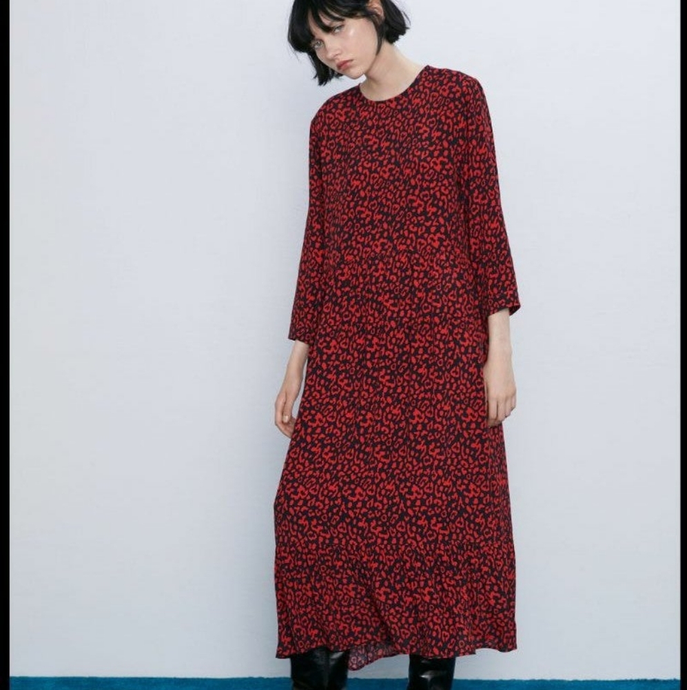 ZARA Red Leopard Animal Print Dress - Midi - Sz L